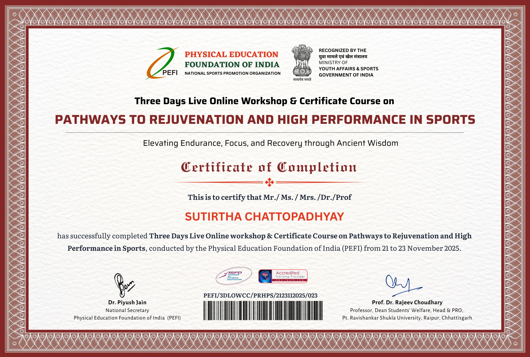 Pathways to Rejuvenation and High Performance certificate