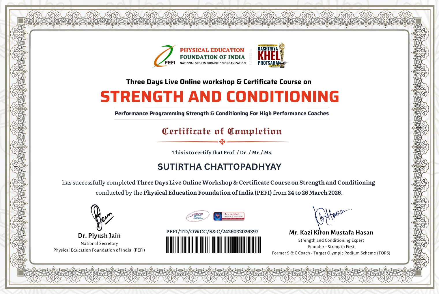 Strength and Conditioning Workshop certificate