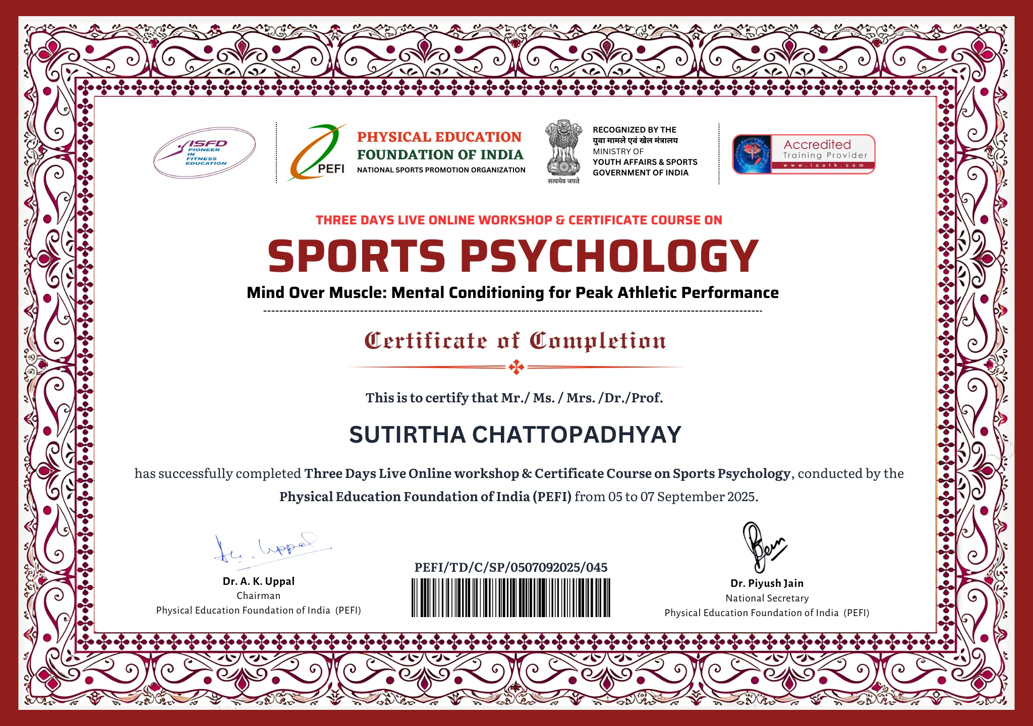 Sports Psychology Workshop certificate