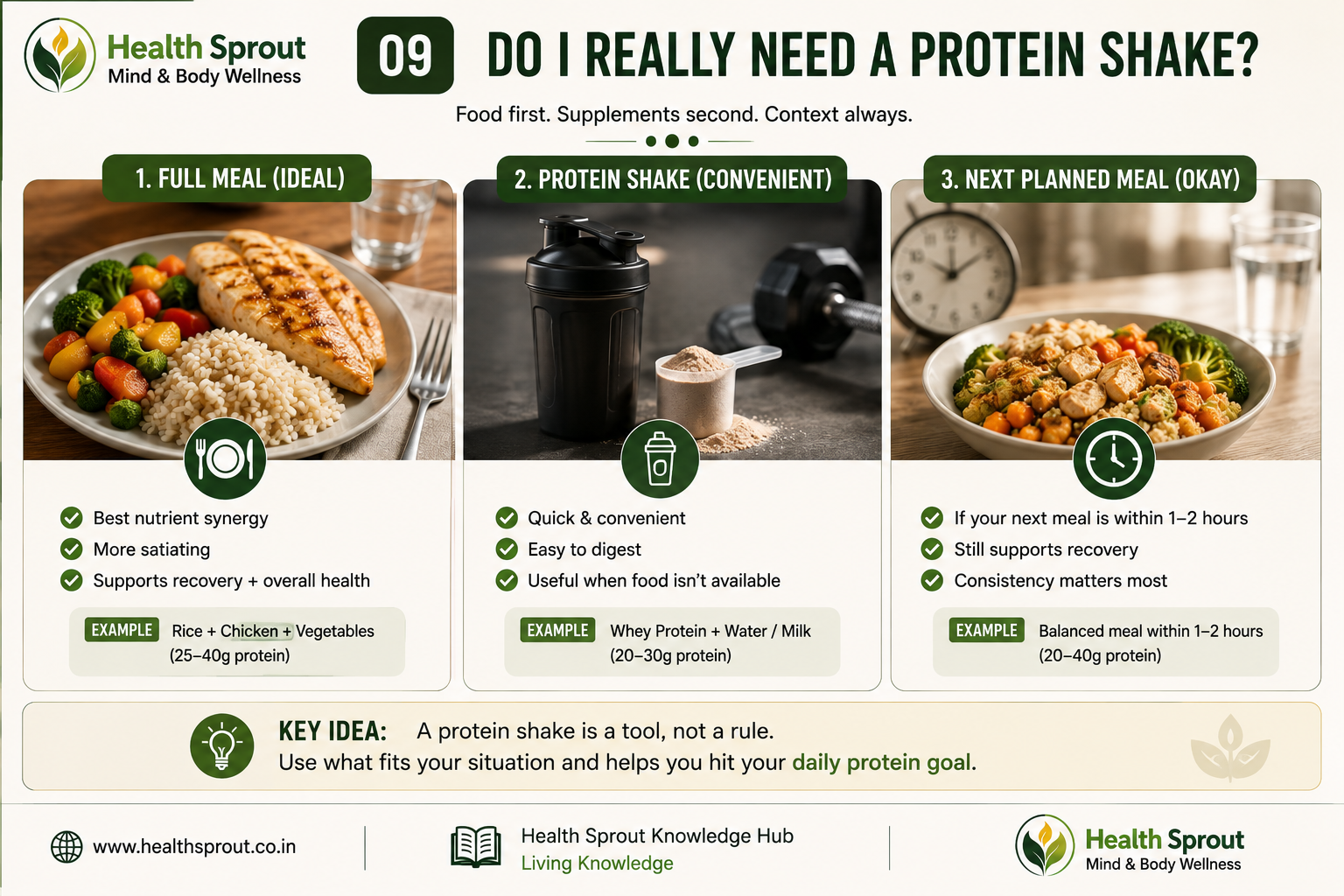 Full meal, protein shake and next planned meal