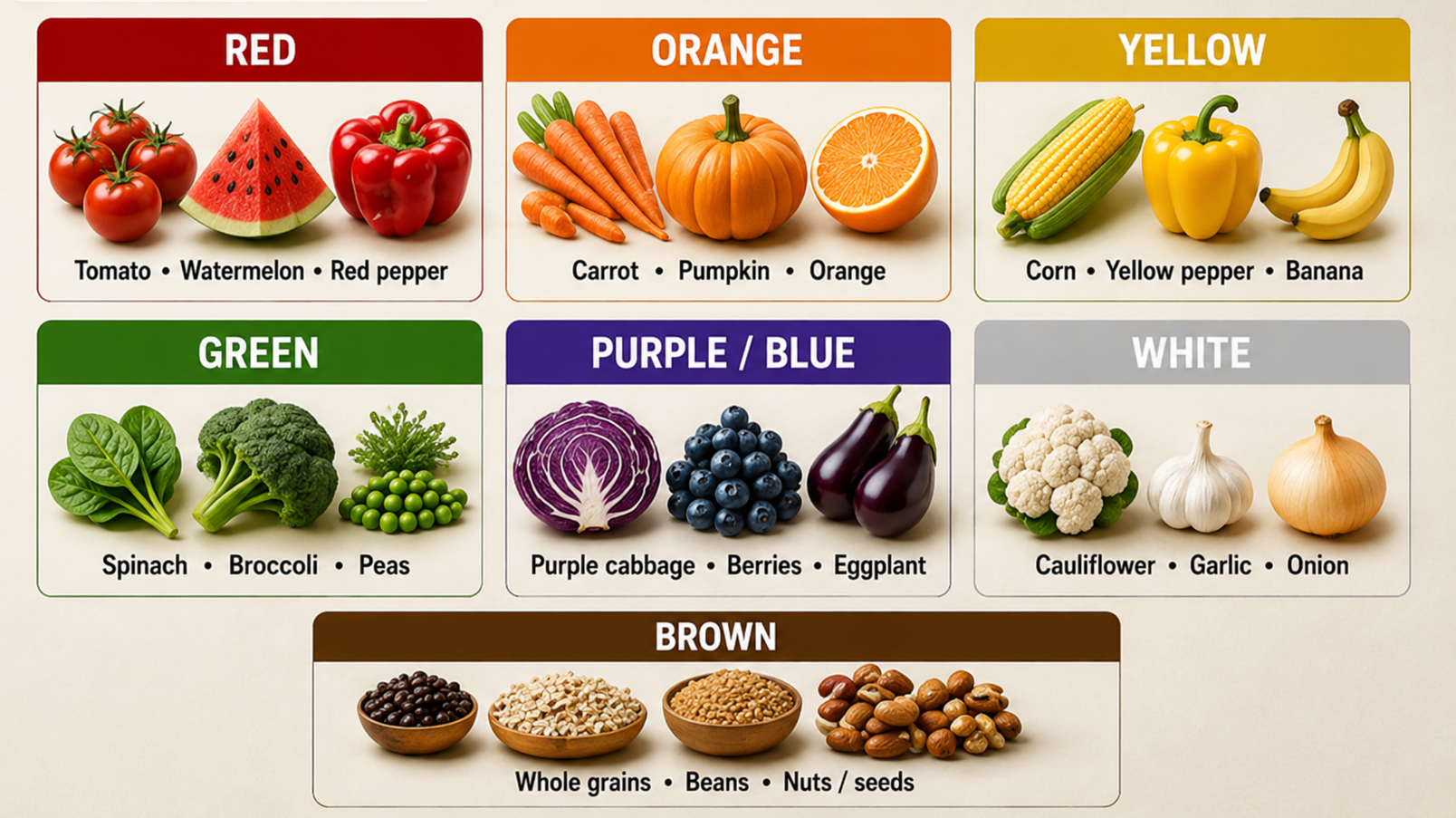 Seven-color food examples: red, orange, yellow, green, purple-blue, white and brown