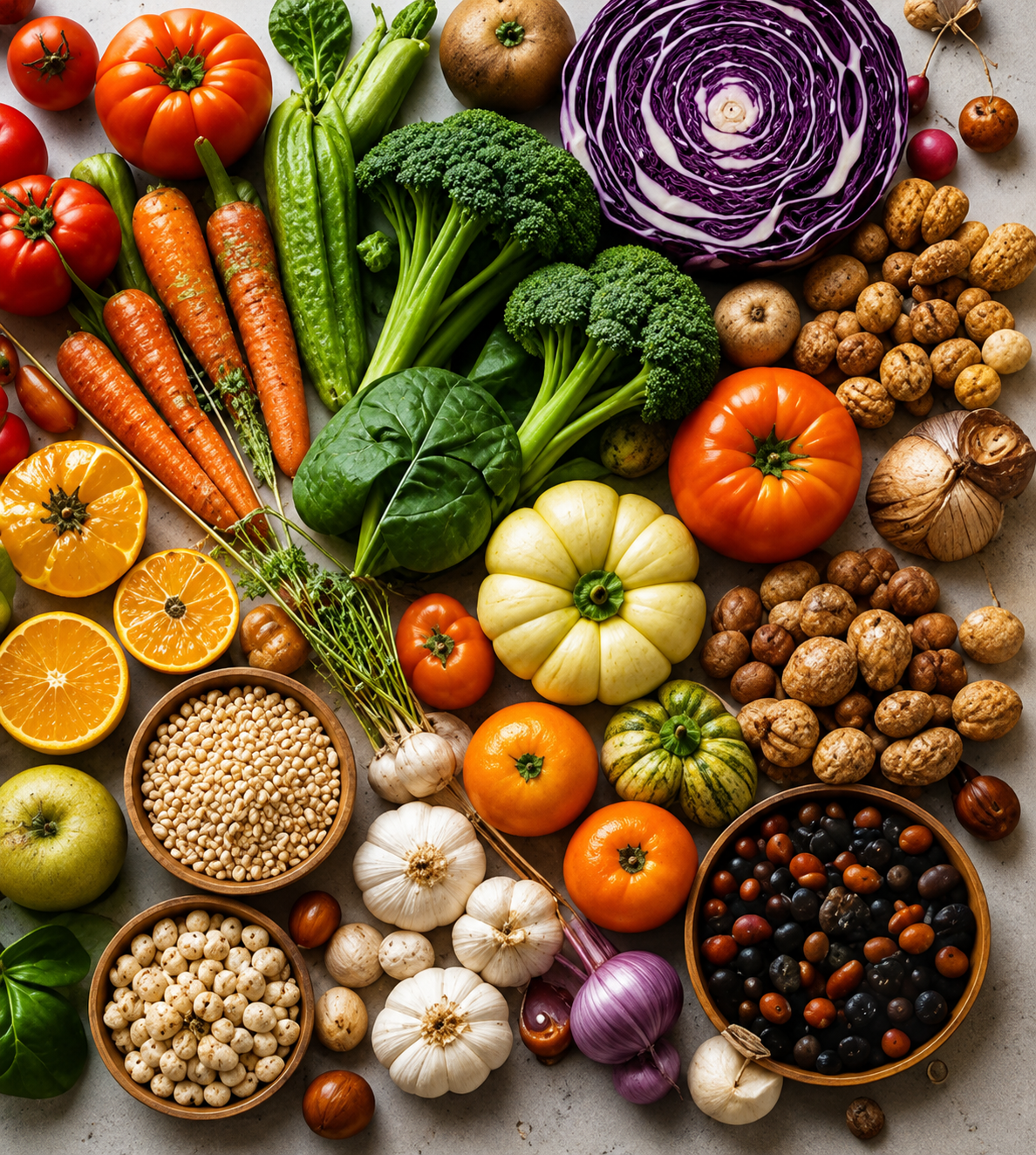 A variety of nutritious foods arranged as a healthy eating flat lay