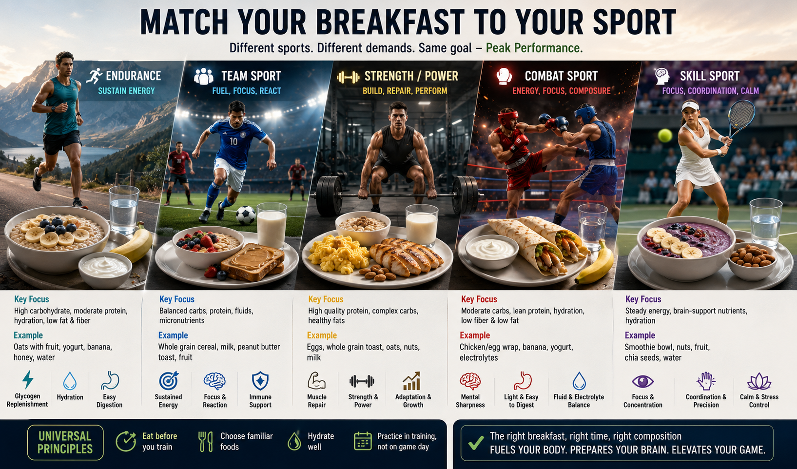 Athlete performing high-intensity movement with muscle anatomy and breakfast fuel components
