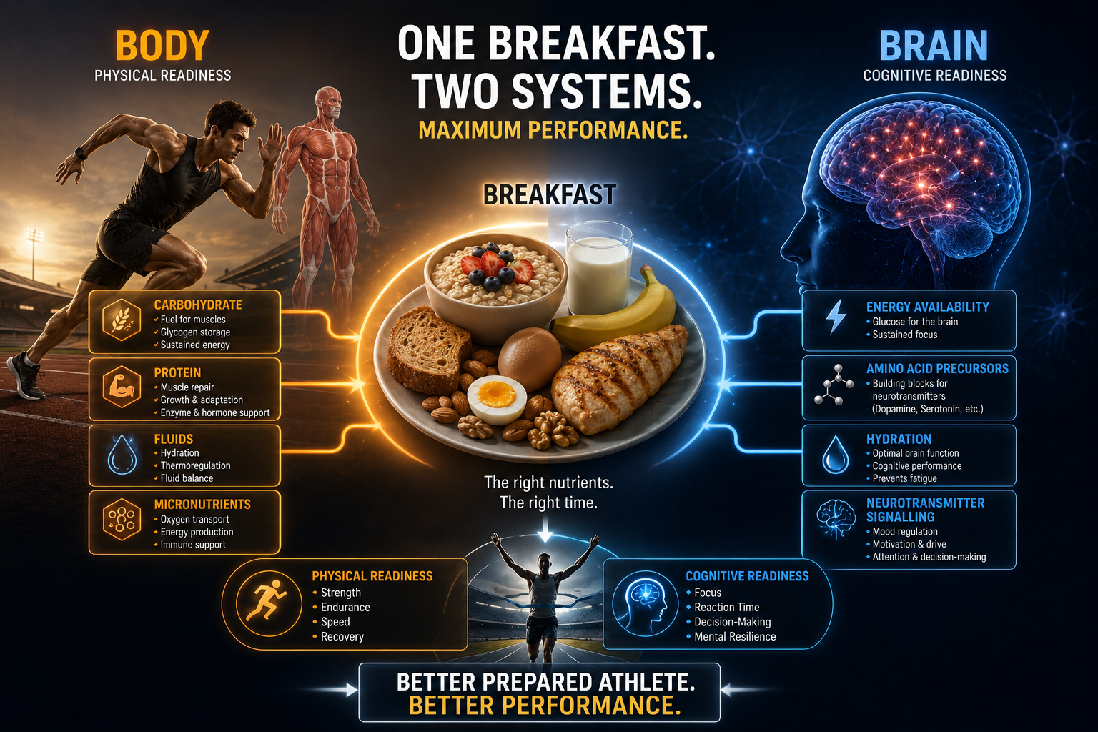 Scientific flow diagram showing carbohydrate from breakfast to glucose glycogen exercise and performance