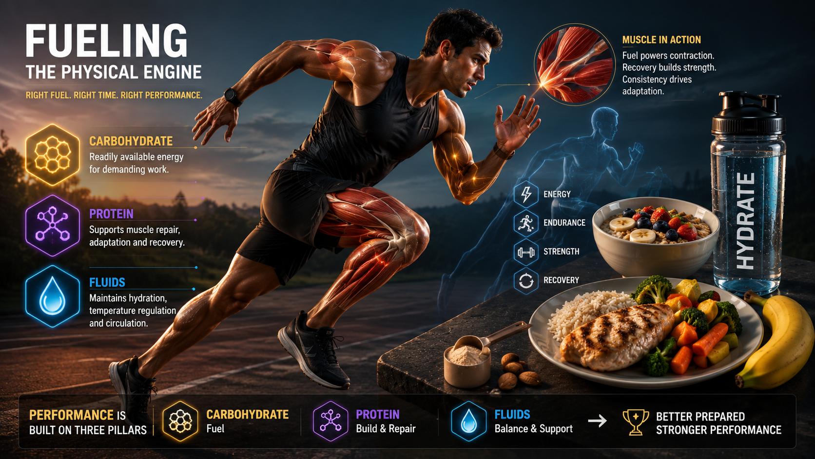 Unified wide 3D scene representing endurance team sport strength combat and skill sports