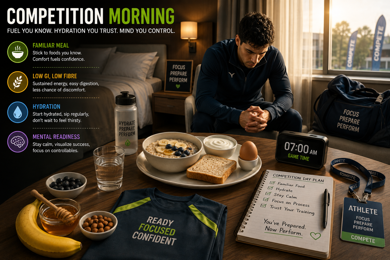 Morning timeline from wake-up to breakfast training and recovery