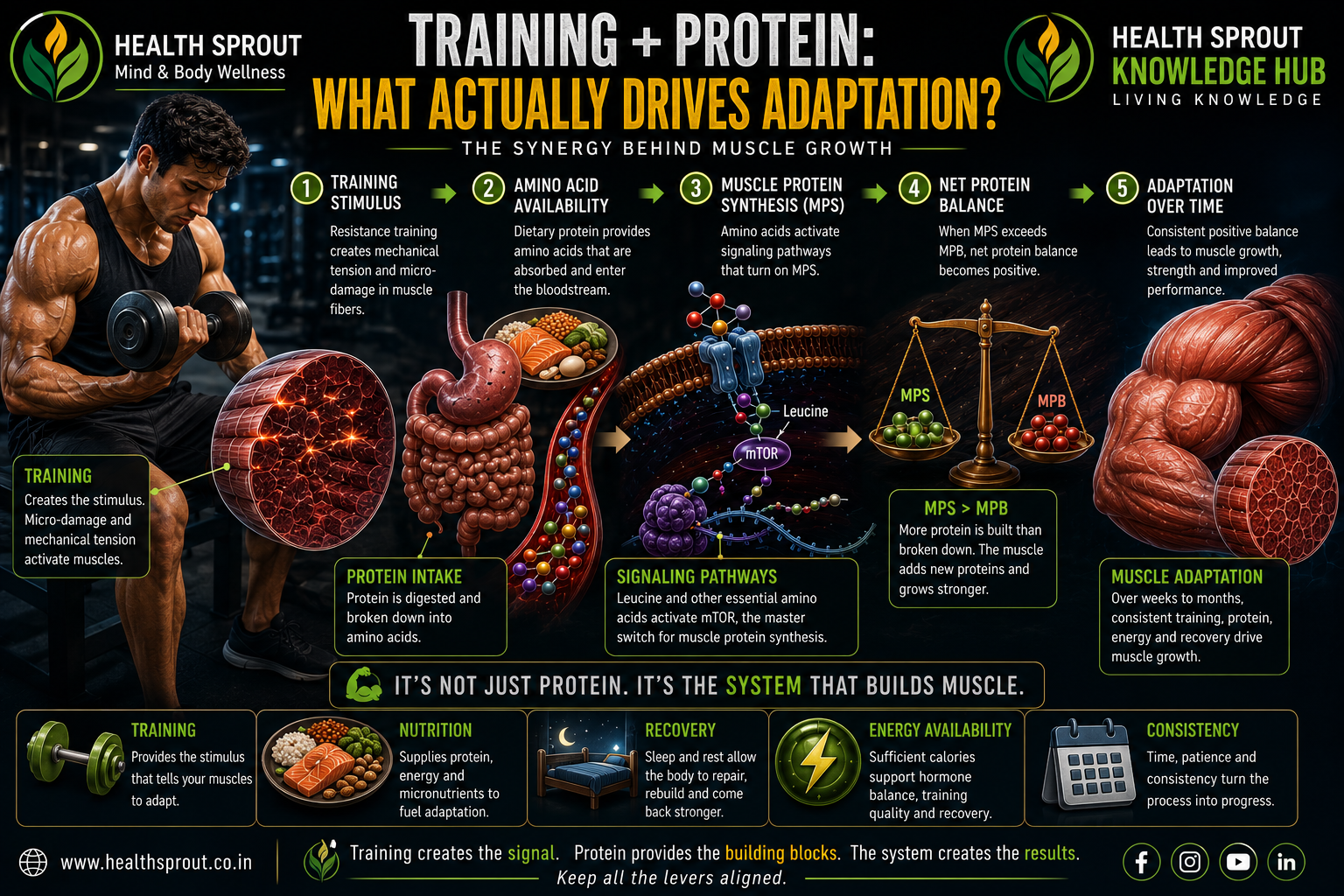 Training plus protein pathway to muscle adaptation