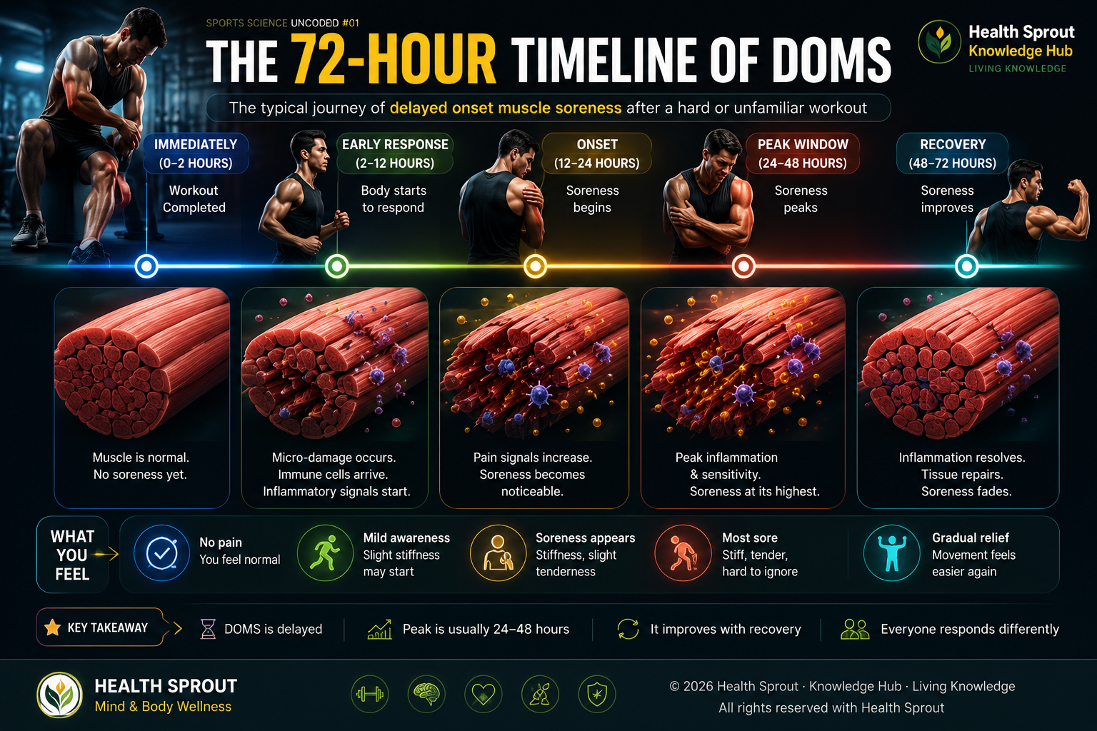 Conceptual DOMS timeline from workout through 72 hours