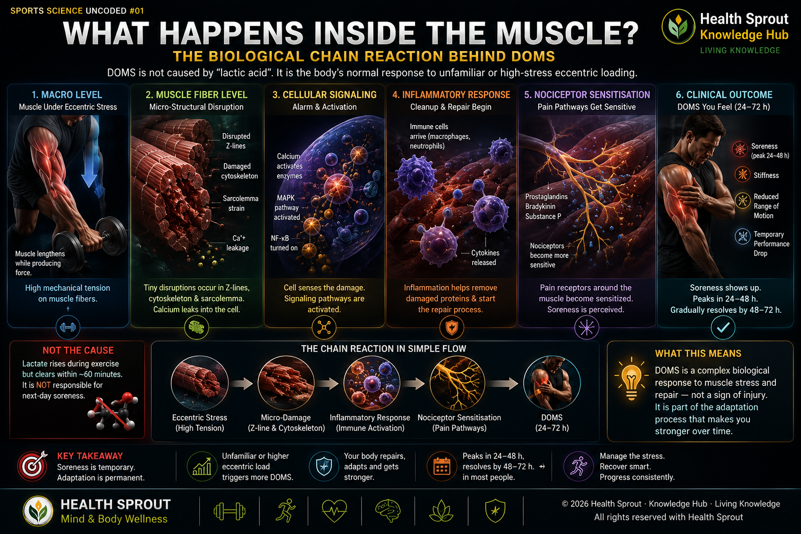 Conceptual map of the physiological sequence from exercise loading to DOMS