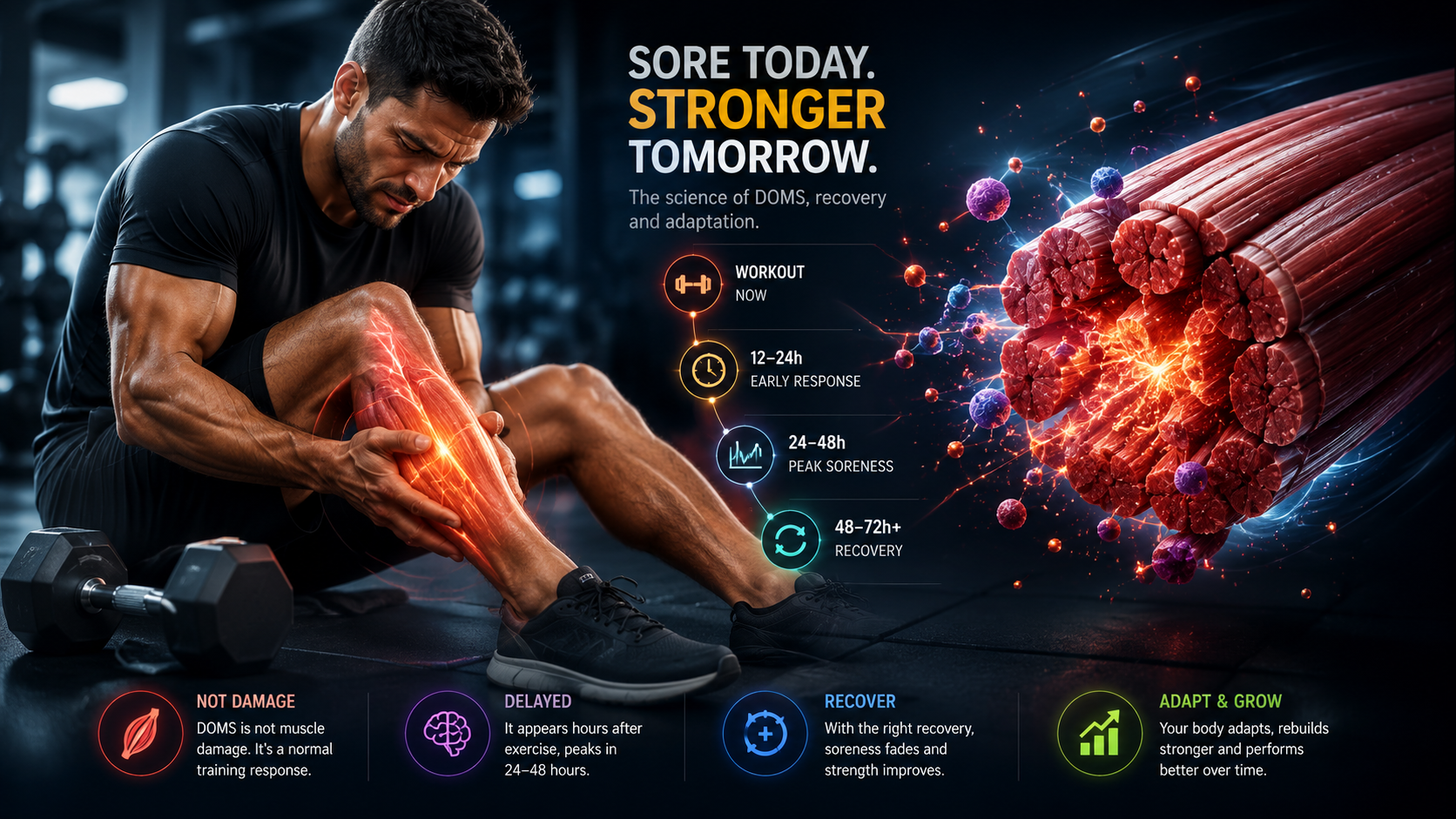 Sports Science Uncoded #01 DOMS — full hero poster